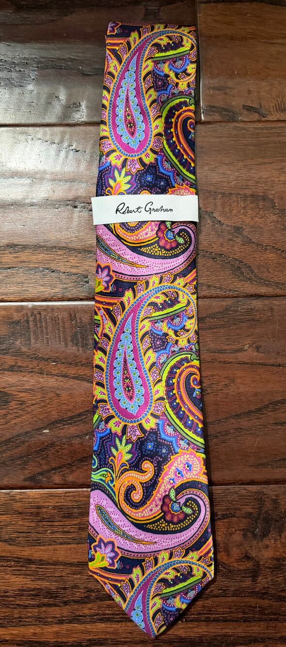 $150 NWT Robert Graham Navy Multi 100% Silk Paisley Print Neck Tie